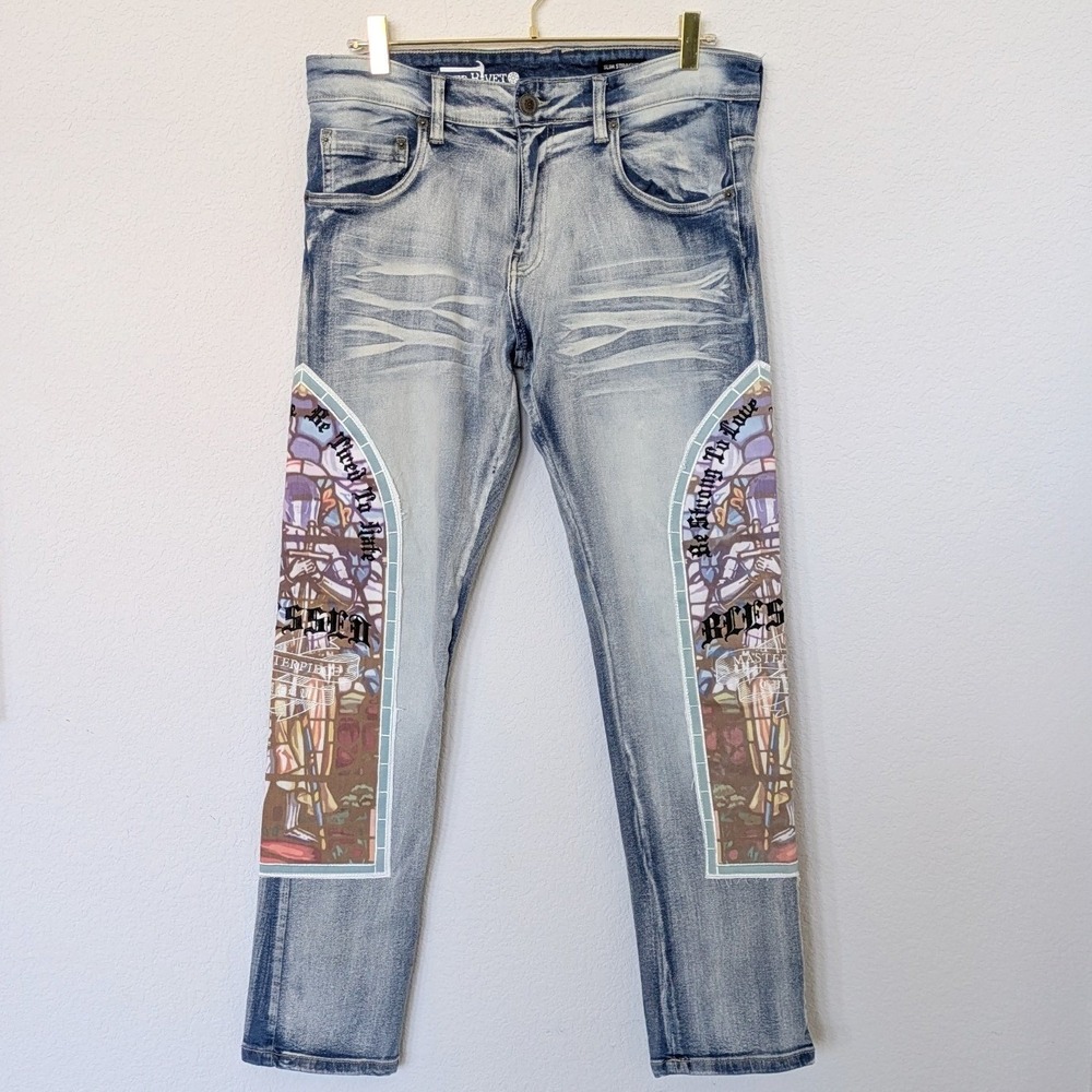 Copper Rivet Mens Slim Straight Stained Glass Patchwork Light Wash Jeans Size 32